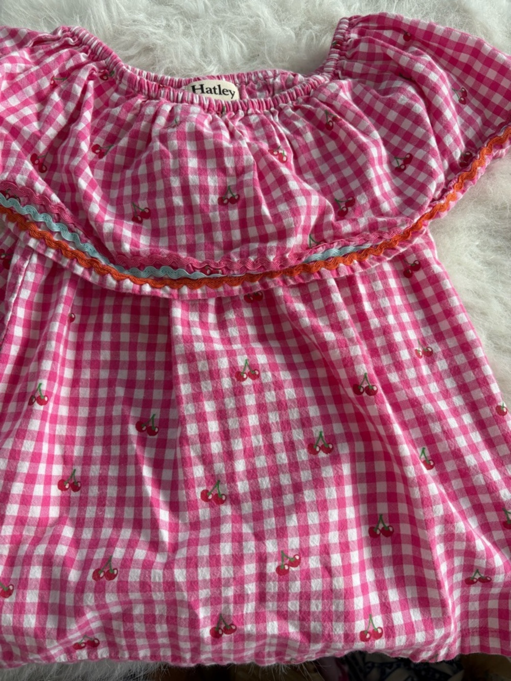 Hatley off the shoulder girls top gingham with cherries 6 year